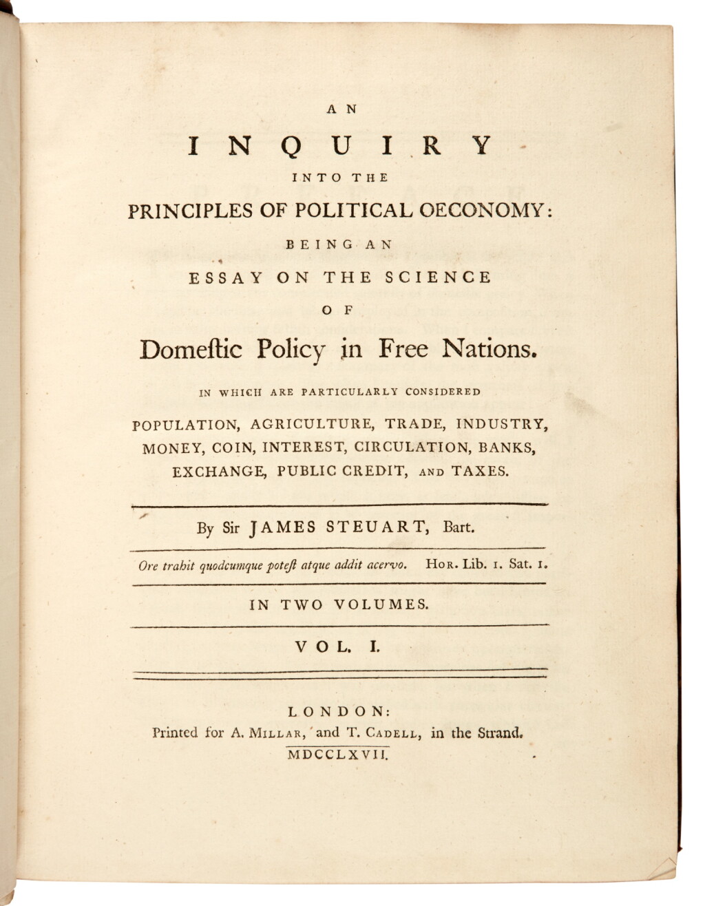 View full screen - View 1 of Lot 87. James Steuart | An Inquiry into the Principles of Political Oeconomy, London, 1767, 2 vol, contemporary calf.