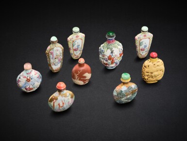 View full screen - View 1 of Lot 3428. Nine ceramic snuff bottles, Qing dynasty, 19th century | 清十九世紀 陶瓷鼻煙壺 一組九件.