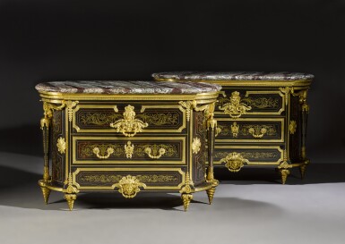 View full screen - View 1 of Lot 27. A pair of Louis XIV style gilt-bronze mounted, brass, ebony and tortoiseshell marquetry commodes en tambour, after a model by A.-C. Boulle, circa 1870.