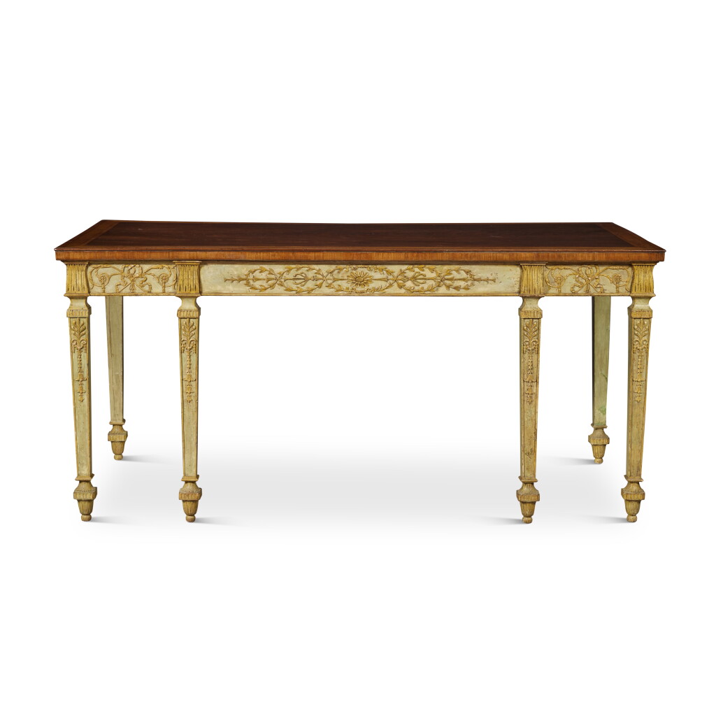 View full screen - View 1 of Lot 35. A George III Green Painted and Parcel-Gilt Side Table with a Satinwood and Tulipwood-Banded Sabicu Top, Circa 1775.