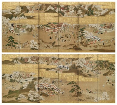 View full screen - View 1 of Lot 2089. Anonymous, Scenes of Pleasure and Merriment at Mount Yoshino (Yoshinoyama yuraku zu), Sealed Morifuji, Edo period, late 17th – early 18th century | 吉野花見図屏風 守藤印 江戸時代前~中期 17世紀後半~18世紀初頭 .