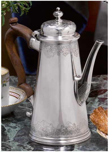 View full screen - View 1 of Lot 59. A GEORGE I SILVER COFFEE POT, PETER ARCHAMBO, LONDON, 1734.