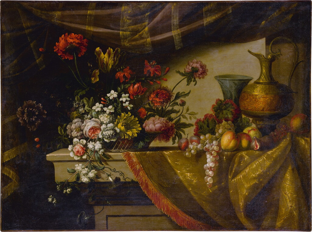 View full screen - View 1 of Lot 61. Still llfe of fruit, a basket of flowers, an ewer and vase, all on a table draped with fabric.