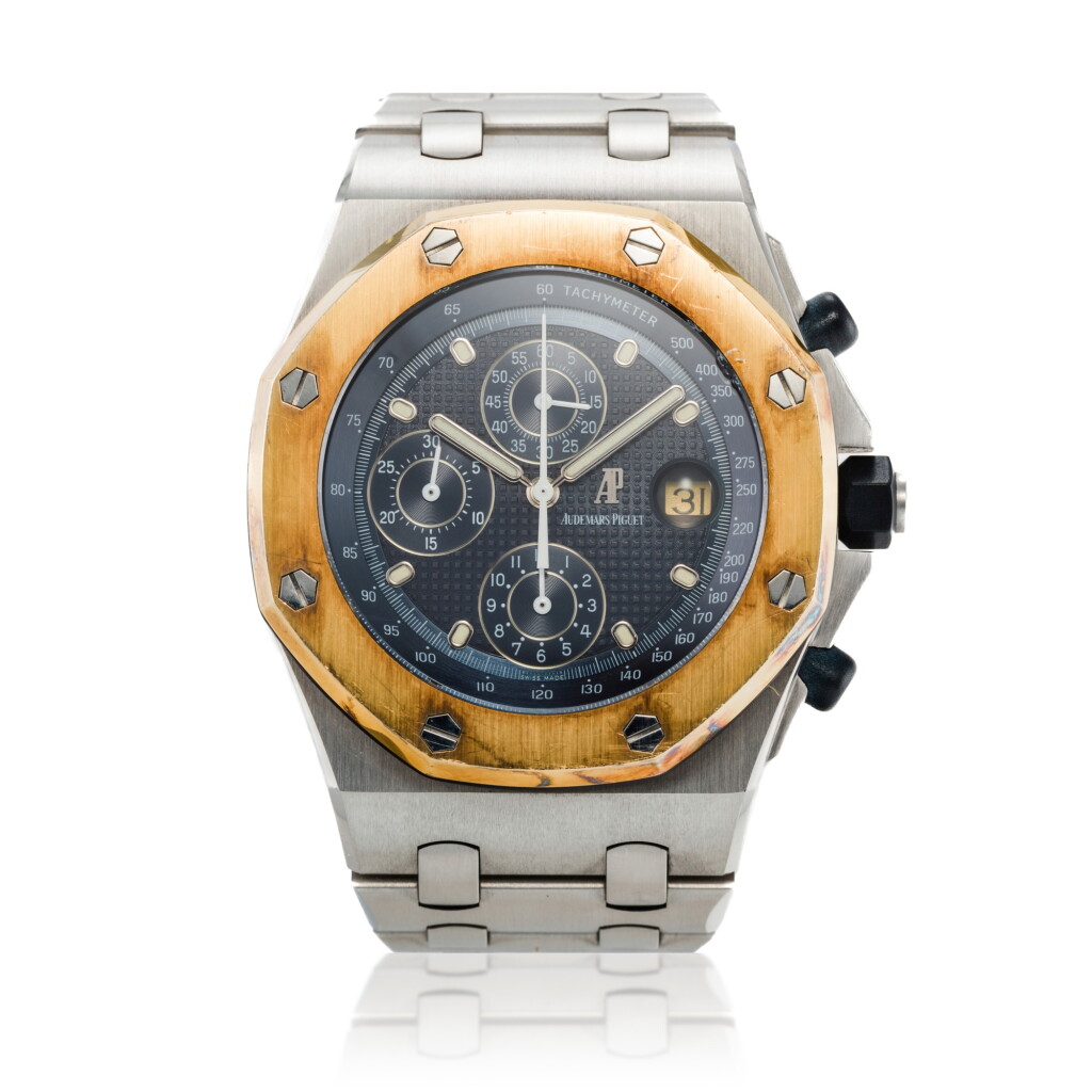 View full screen - View 1 of Lot 11. Reference 25721SA Royal Oak Offshore ‘The Beast’ | A stainless steel and yellow gold chronograph wristwatch with date, Circa 1994 | 愛彼 25721SA 型號 Royal Oak Offshore 'The Beast' | 精鋼及黃金計時腕錶備日期顯示,約1994年製.