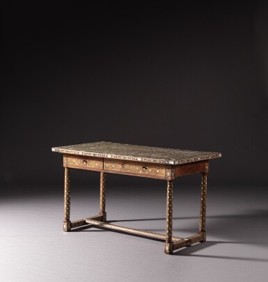 View full screen - View 1 of Lot 407. A Renaissance mother-of-pearl, ivory and bone inlaid walnut game board, second half of 16th century, on a later base | Plateau à jouer en incrustations d'd'ivoire, nacre, os teinté sur noyer d’époque Renaissance, Italie du Nord ou Allemagne du Sud, deuxième moitié du XVIe siècle, le piétement postérieur.