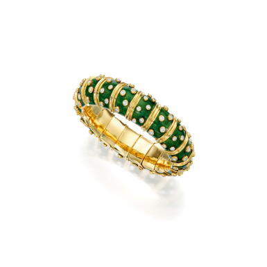 View full screen - View 1 of Lot 3. Schlumberger for Tiffany & Co. | Gold, Enamel and Diamond Bangle-Bracelet, France.