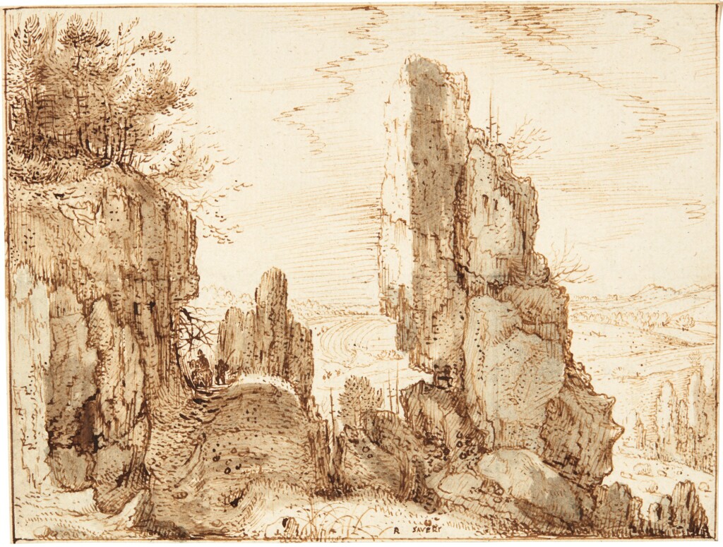 ROELANDT SAVERY MOUNTAINOUS LANDSCAPE WITH TRAVELLERS ON A ROCKY PATH