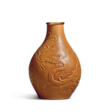 View full screen - View 1 of Lot 343. A miniature molded gourd 'dragon' vase, Mark and period of Daoguang | 清道光 匏製龍紋小瓶 《道光年製》款.