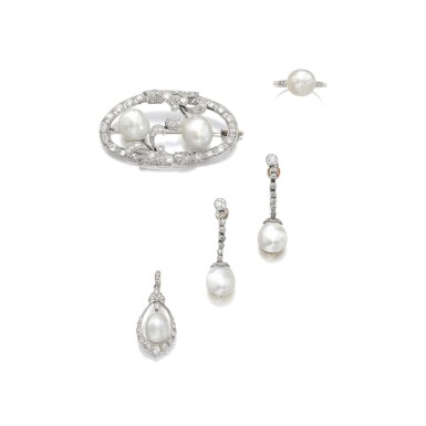 View full screen - View 1 of Lot 1049. Natural pearl and diamond parure and a ring.