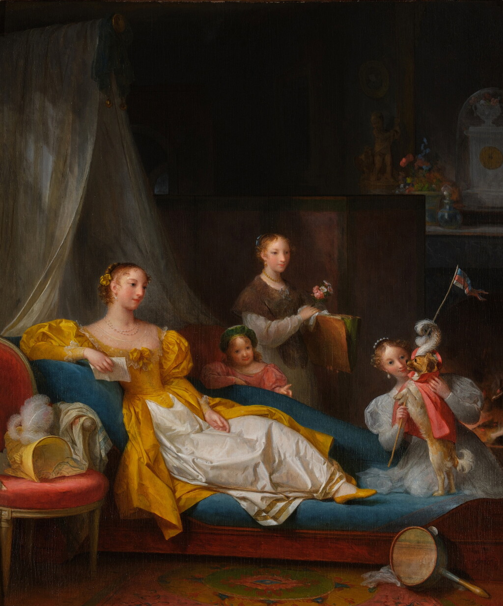 View full screen - View 1 of Lot 134. A woman on a chaise longue in an interior, holding a letter and surrounded by three children, one playing with a dog.