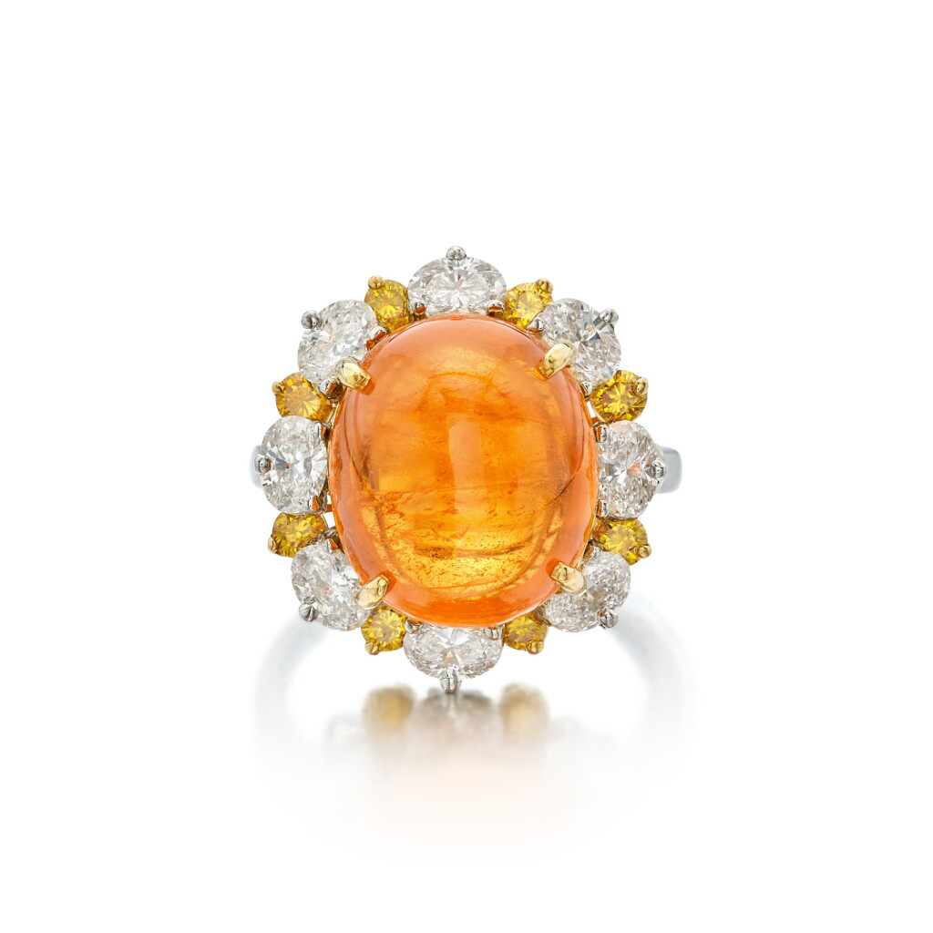 View full screen - View 1 of Lot 90. Spessartine Garnet, Diamond and Colored Diamond Ring.