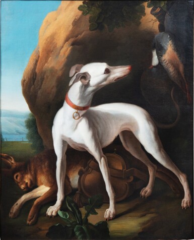 View full screen - View 1 of Lot 32. French School, 18th Century, A white greyhound | Ecole française du XVIIIe siècle, Lévrier blanc.