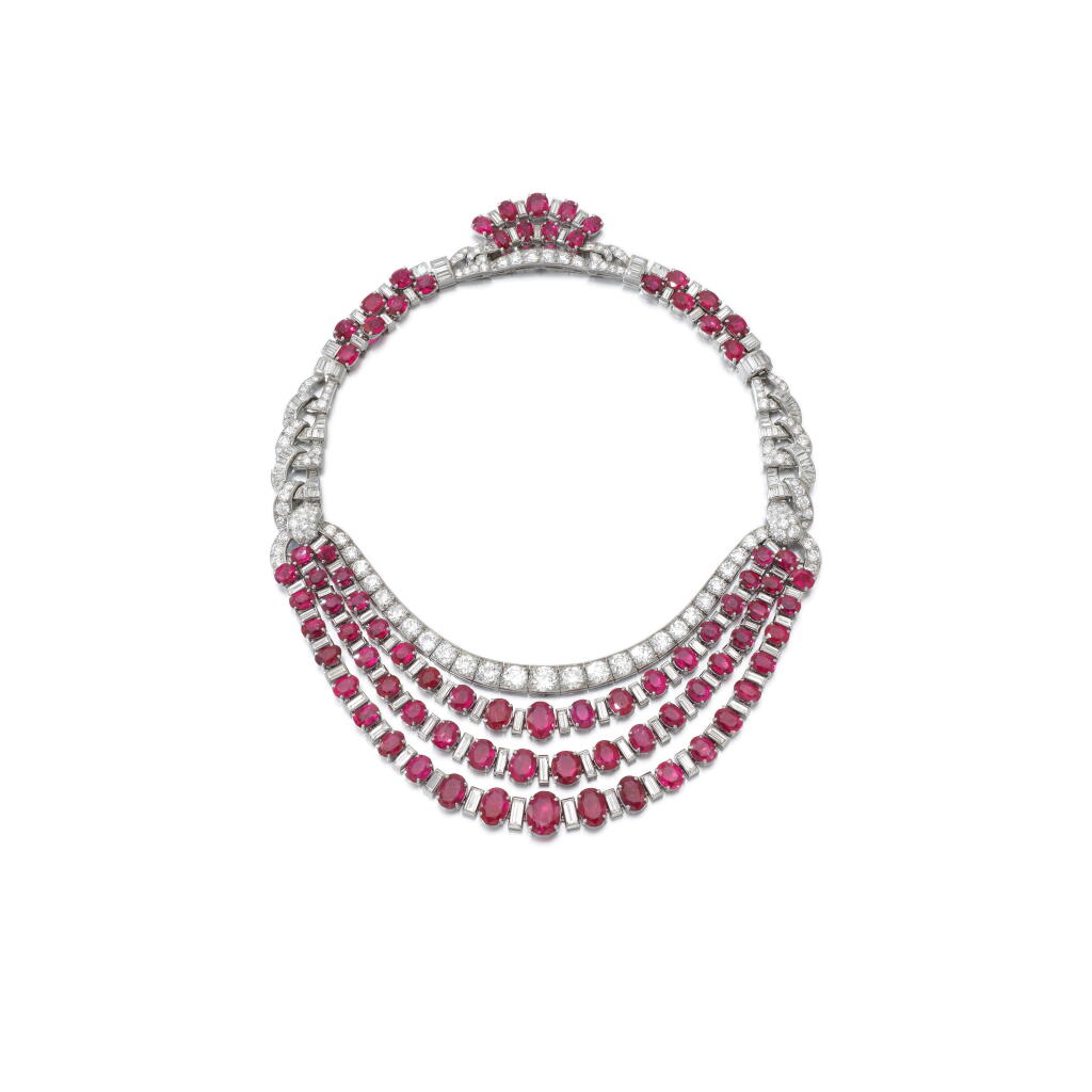 View full screen - View 1 of Lot 551. Attractive ruby and diamond necklace.