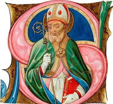 View full screen - View 1 of Lot 11. A Bishop Saint, historiated initial ‘S’ from a Choirbook on vellum, illuminated by the Master of the Graduals of San Salvatore in Pavia | Italy, Lombardy | c.1500.