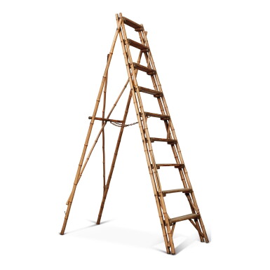 View full screen - View 1 of Lot 599. A BAMBOO LADDER AND A RUSTIC ASH WOOD LADDER.