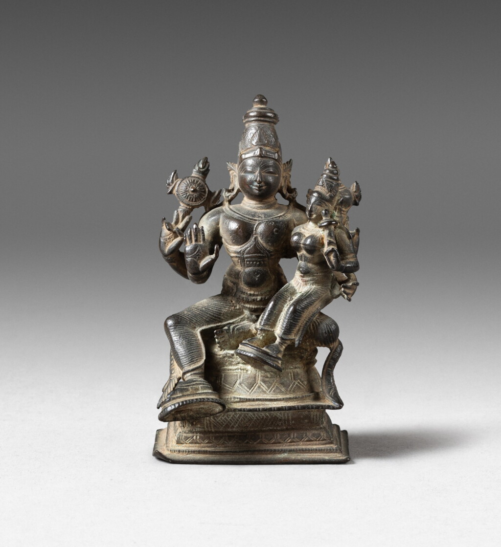 View full screen - View 1 of Lot 185. A copper-alloy figure of Uma-Maheshvara, South India, 17th century | 印度南 十七世紀 合金銅烏瑪-大自在天坐像.