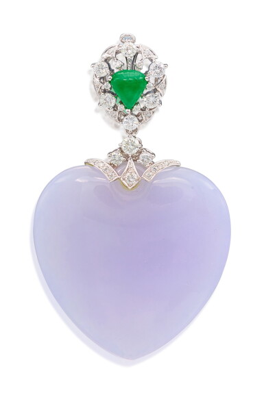 View full screen - View 1 of Lot 1151. LAVENDER JADEITE, JADEITE AND DIAMOND PENDANT | 天然紫色翡翠 配 天然翡翠 及 鑽石 吊墜.