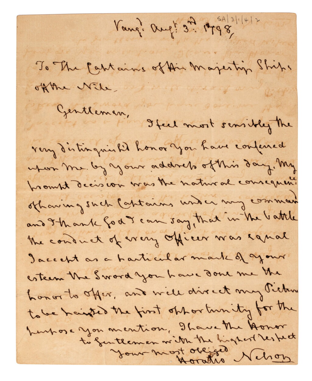 View full screen - View 1 of Lot 91. NELSON | Autograph letter signed, to Captains of Egyptian Club, 1798.