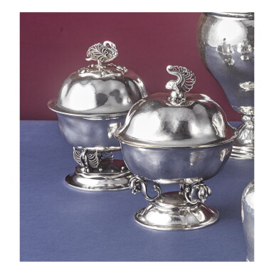 View full screen - View 1 of Lot 3. TWO DANISH SILVER COVERED BOWLS WITH SWAN AND FISH FINIALS, NO. 248 AND 249, GEORG JENSEN SILVERSMITHY, COPENHAGEN, CIRCA 1945-77 AND 1922.