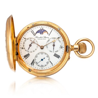 View full screen - View 1 of Lot 116. HUMBERT RAMUZ | A PINK GOLD HUNTING CASE KEYLESS WATCH WITH DAY, DATE, MOON PHASES AND ENAMEL DIAL, CIRCA 1890.