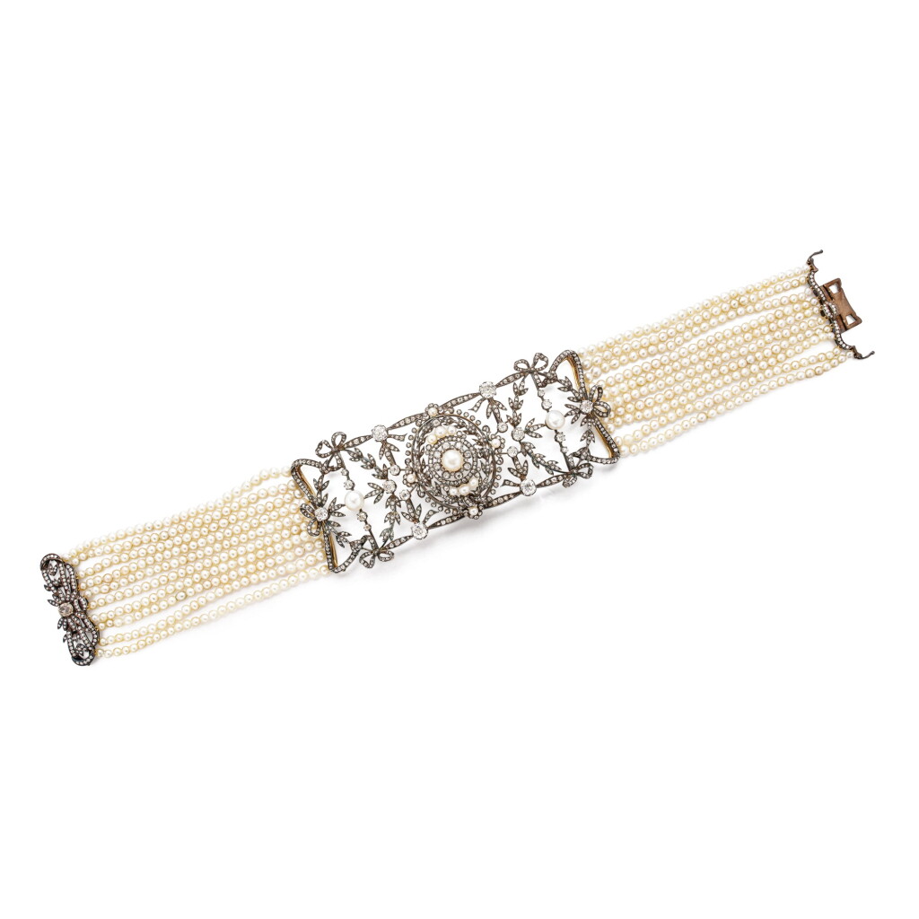View full screen - View 1 of Lot 1619. Natural Pearl, Seed Pearl and Diamond Choker-Necklace, 19th Century Composite | 十九世紀 天然珍珠 配 珍珠 配 鑽石 項鏈 及 現代 鑽石鏈扣 .