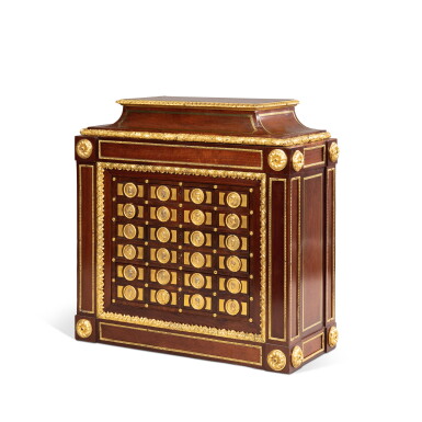 View full screen - View 1 of Lot 313. A partly late 18th century gilt-bronze mounted amaranth and thuya veneered médailler | Médailler en placage d'amarante, loupe de thuya, montures de bronze doré en partie de la fin du XVIIIe siècle.