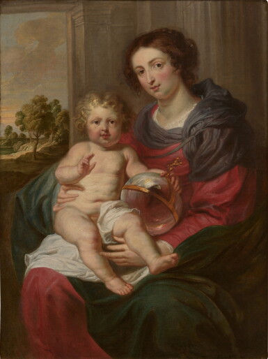 View full screen - View 1 of Lot 49. The Virgin and Child with an orb, a landscape through a window beyond | Madonna mit Kind und Sphärenkugel, mit Aussicht auf eine Landschaft .