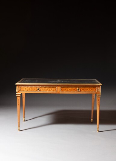 View full screen - View 1 of Lot 197. A Louis XVI gilt-bronze mounted lemon tree, amaranth and holly marquetry bureau plat, circa 1775, attributed to Mathieu-Guillaume Cramer.