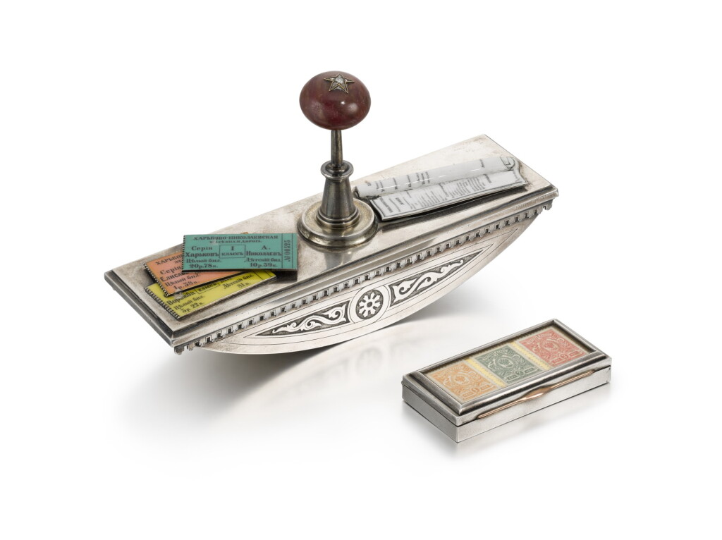 View full screen - View 1 of Lot 208. A silver, rhodonite and enamel blotter, Ivan Khlebnikov, Moscow, 1880 and a silver stamp box, Bolin, Shanks and Co., St Petersburg, 1908-1917.