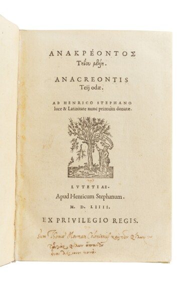 View full screen - View 1 of Lot 11. Anacreon, Odae, Paris, Estienne, 1554, later vellum.