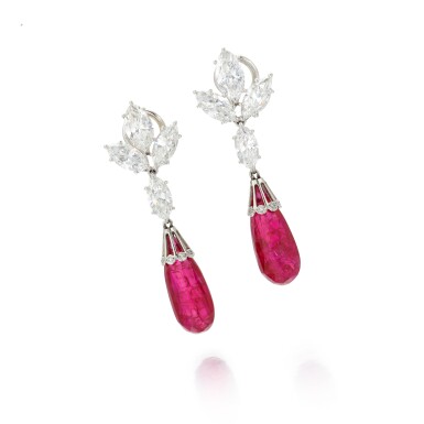 View full screen - View 1 of Lot 75. Pair of ruby and diamond earrings (Paio di orecchini in diamanti e rubini).