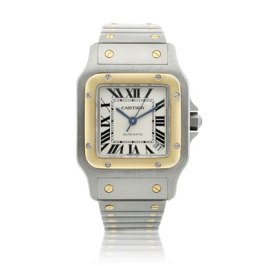 View full screen - View 1 of Lot 177. Reference 2823 Santos Galbee XL A stainless steel and yellow gold automatic square shaped wristwatch with date and bracelet, Circa 2013.
