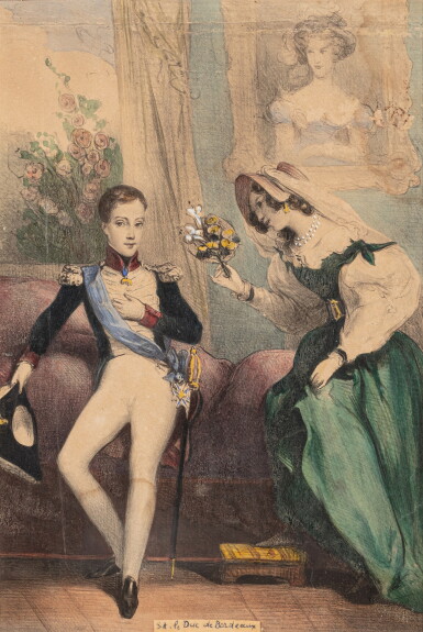 View full screen - View 1 of Lot 863. Lady presenting flowers to the Duc de Bordeaux | Jeune femme présentant des fleurs au duc de Bordeaux.