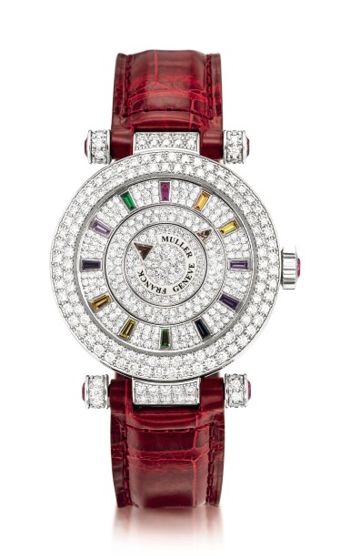 全螢幕檢視 - 查看2030Franck Muller | Double Mystery, Reference DM 36 COL DRM D 2R CD, A white gold, diamond and sapphire-set wristwatch, Circa 2014 | Double Mystery 型號DM 36 COL DRM D 2R CD 白金鑲鑽石及寶石腕錶,約2014年製的1
