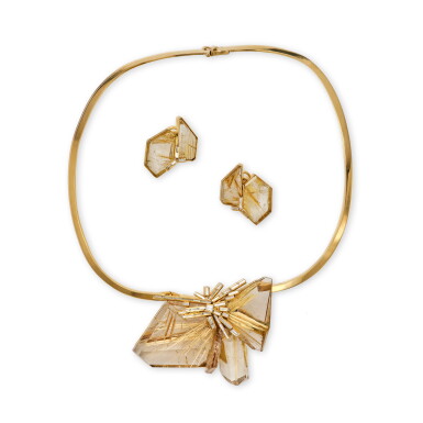 View full screen - View 1 of Lot 150. A Set of Écho-style Diamond, Rutilated Quartz, and 18k Gold Necklace and Earrings.