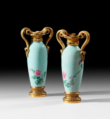View full screen - View 1 of Lot 133. A pair of gilt-bronze mounted Chinese porcelain vases, late 18th century | Paire de vases en porcelaine de Chine et monture de bronze doré de la fin du XVIIIe siècle .
