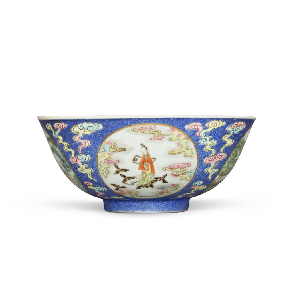 View full screen - View 1 of Lot 150. A fine blue-ground sgraffiato famille-rose 'medallion' bowl, Seal mark and period of Daoguang.