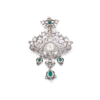 View full screen - View 1 of Lot 4. Broche-pendentif émeraudes et diamants | Emerald and diamond brooch/pendant.