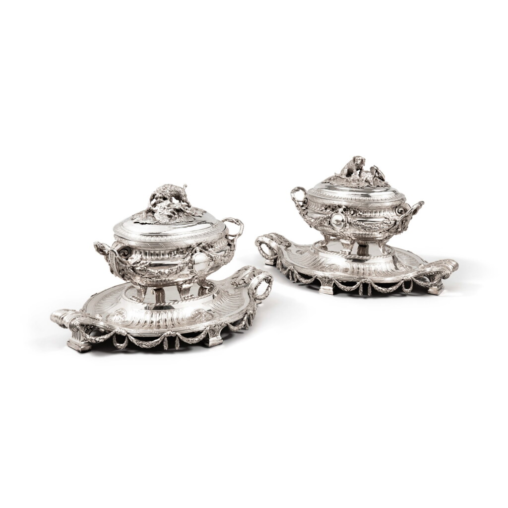 View full screen - View 1 of Lot 77. A pair of important French silver covered tureens, liners and stands, Charles-Louis-Auguste Spriman, Paris, 1777-1778.