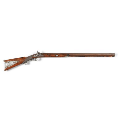 View full screen - View 1 of Lot 476. Carved Walnut and Engraved Steel German Silver-Mounted Percussion Rifle, Jacob Kuntz, Philadelphia, Pennsylvania, Circa 1840.