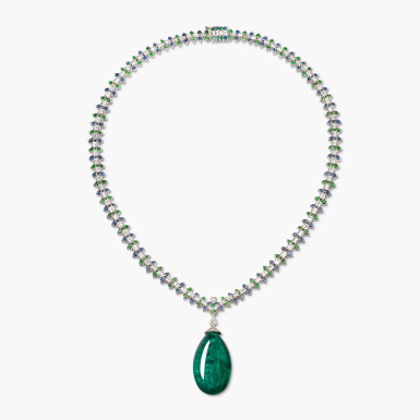View full screen - View 1 of Lot 1365. Emerald, Tsavorite Garnet, Sapphire and Diamond Necklace | 祖母綠 配 沙弗來石 配 藍寶石 及 鑽石 項鏈.