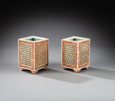 View full screen - View 1 of Lot 112. A pair of iron-red and gold enameled reticulated square brushpot, Qing dynasty, Kangxi period | 清康熙 礬紅彩鏤空四方筆筒一對.