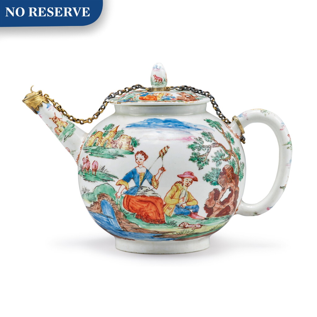View full screen - View 1 of Lot 153. A MEISSEN GILT-METAL-MOUNTED DUTCH-DECORATED TEAPOT AND COVER, THE PORCELAIN CIRCA 1720, THE DECORATION CIRCA 1730.