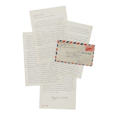 View full screen - View 1 of Lot 320. MacArthur, Douglas | Douglas MacArthur addresses the American people after accepting the surrender of the Empire of Japan, marking the end of World War II..