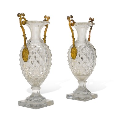 View full screen - View 1 of Lot 50. A pair of Empire gilt-bronze mounted cut-glass vases, early 19th century.