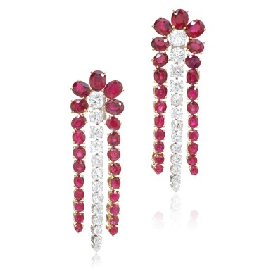 View full screen - View 1 of Lot 809. Pair of ruby and diamond pendent earrings.
