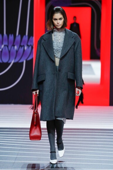 Prada | Sheer Silk Organza Dress, Fringed Wool Coat Worn By Kaia Prada | Sheer Silk Organza Dress, Fringed Wool Coat Worn By Kaia