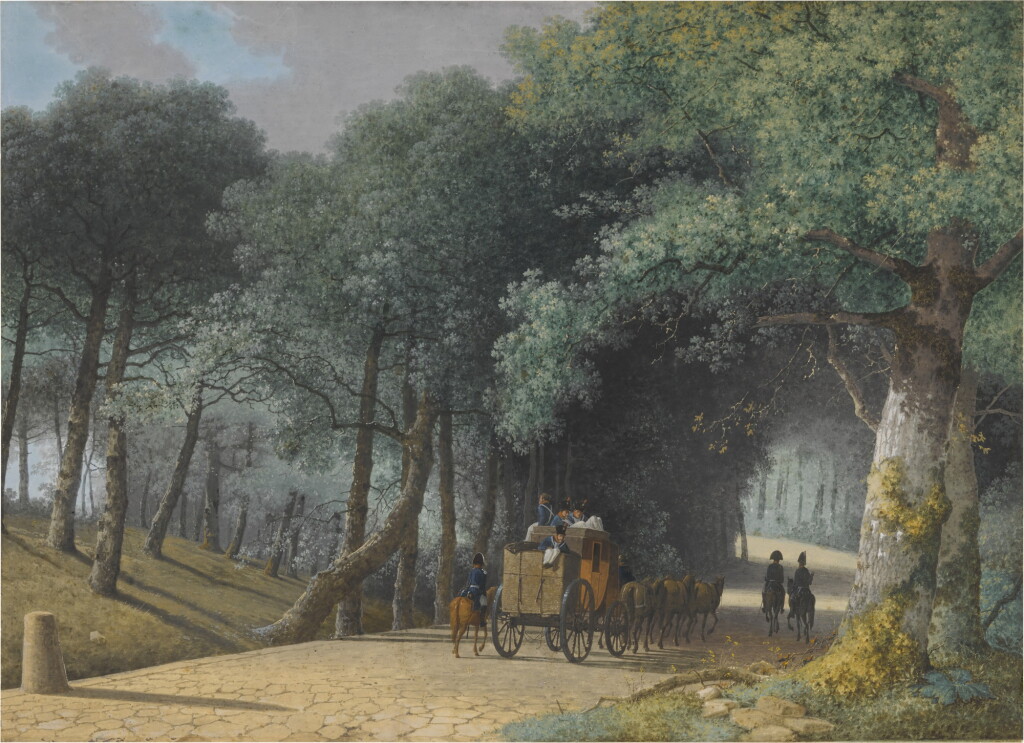 View full screen - View 1 of Lot 144. A road entering a forest with a group of soldiers attacking a carriage.