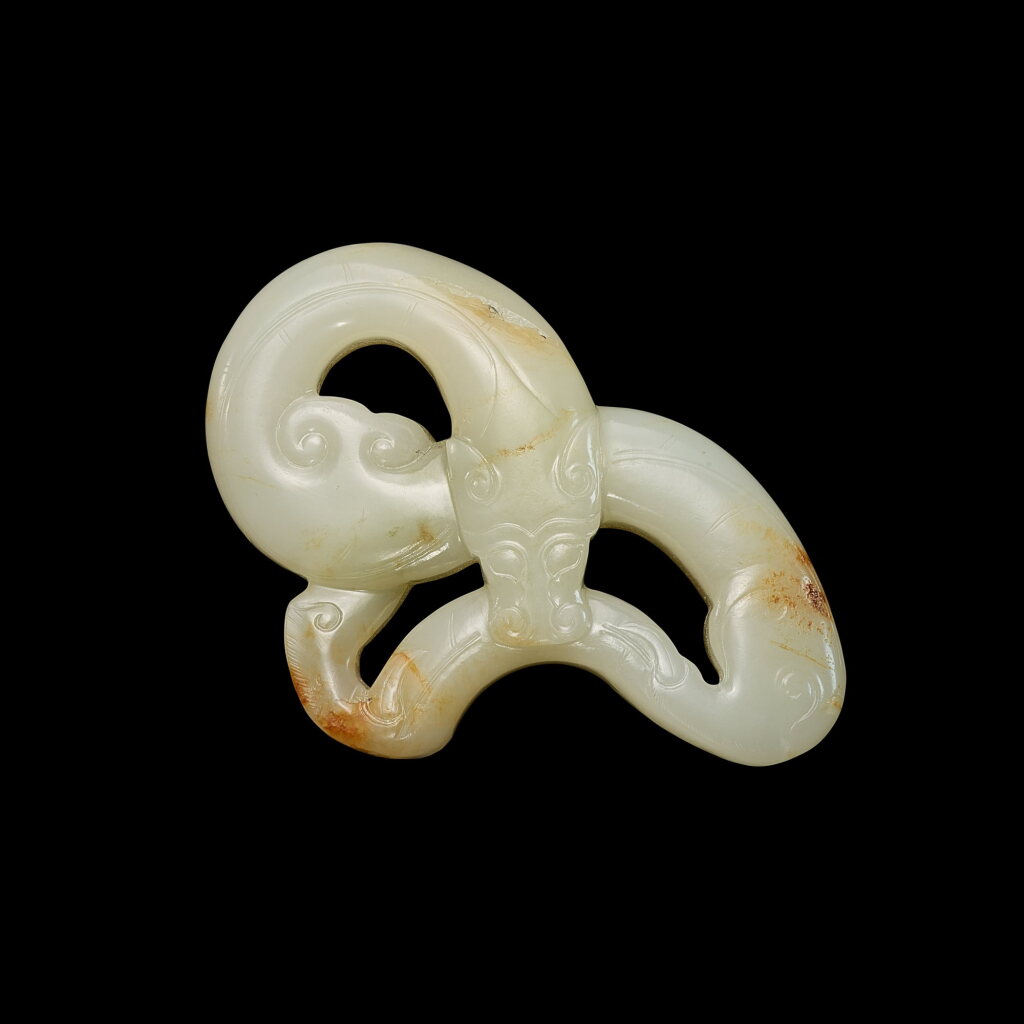 View full screen - View 1 of Lot 3702. A white and russet jade openwork 'chilong' pendant, Ming dynasty | 明 白玉鏤雕螭龍珮.
