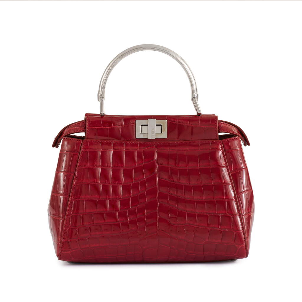 View full screen - View 1 of Lot 9. Red Crocodile Croco Steel Mini Peekaboo Silver Hardware, circa 2017.
